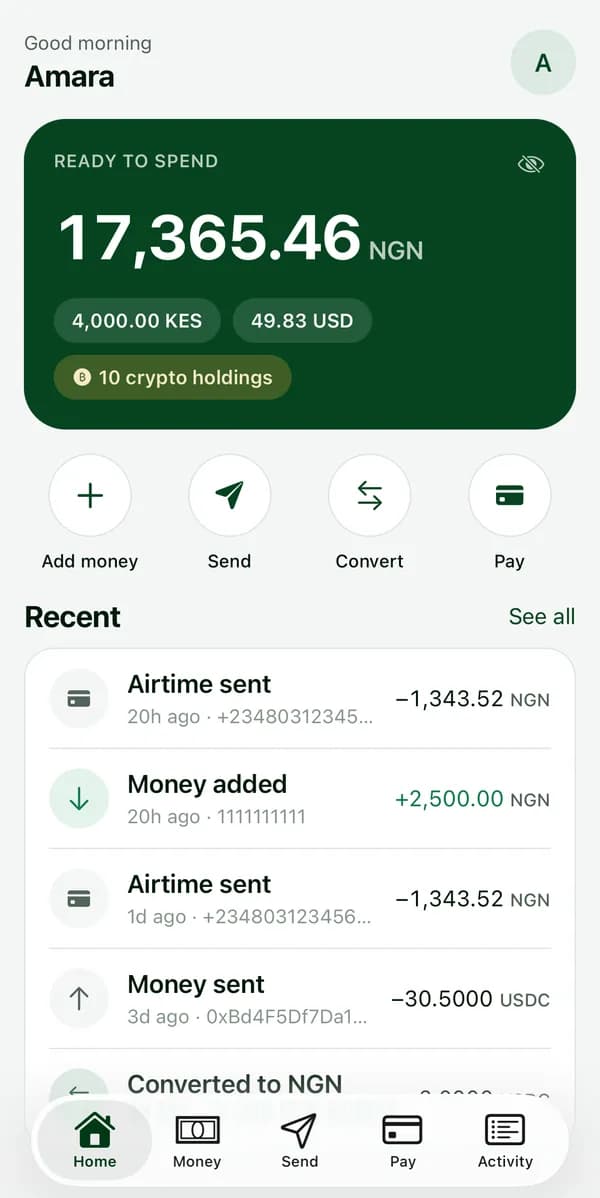 The LeilPay app's home screen: balance, add money, send, convert and pay